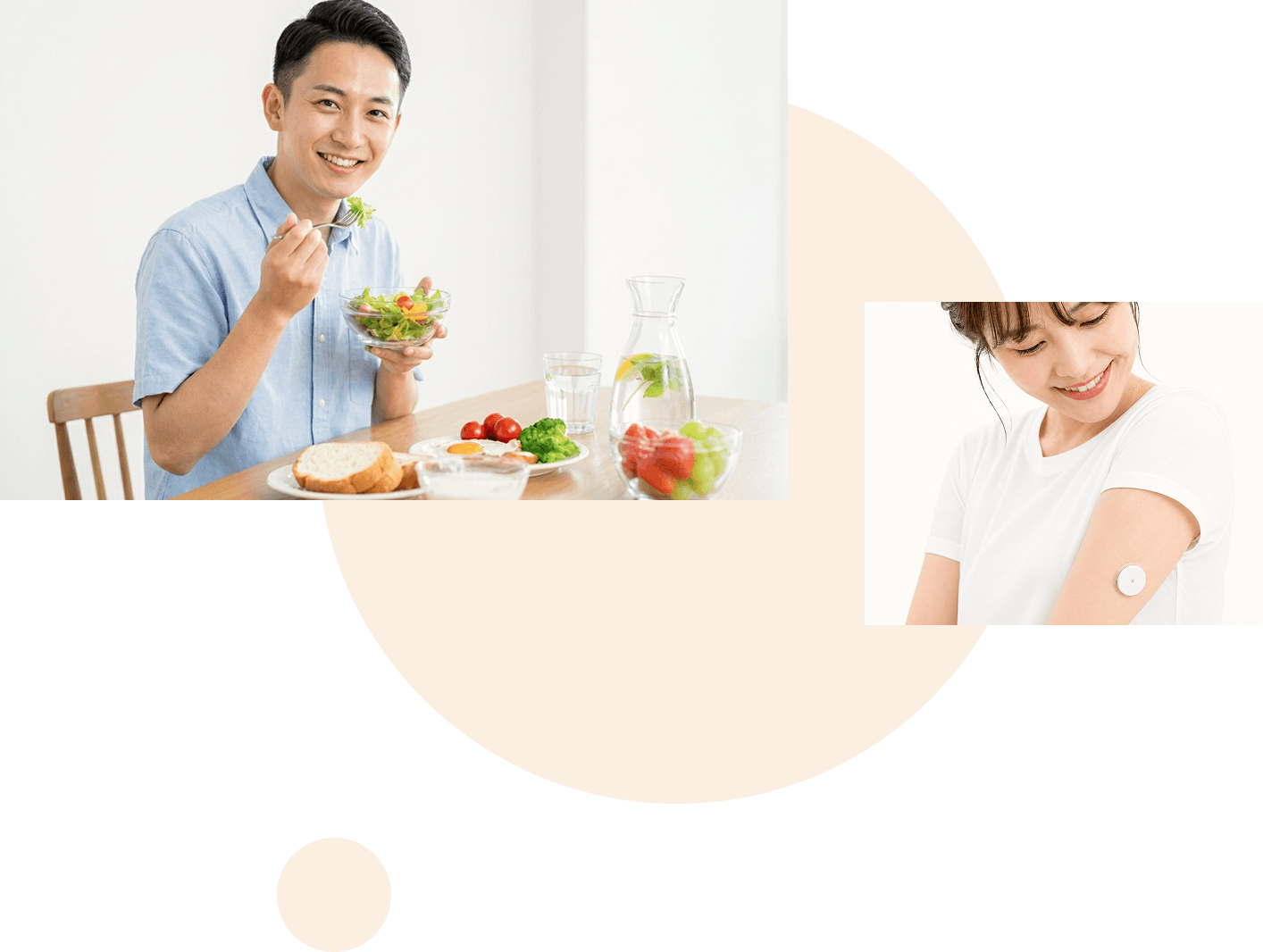 健康的な食事をする男性と血糖を測定する女性